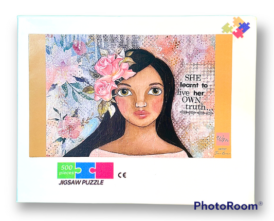 whimsy and me, multi colored, soft pink, vintage tones, island girl, mixed media, girl, brunette, framed, recycled frame, hazel eyes, whimsical girl, flowers, vintage wallpaper, learning her truth, original artwork, puzzle, fun, creative