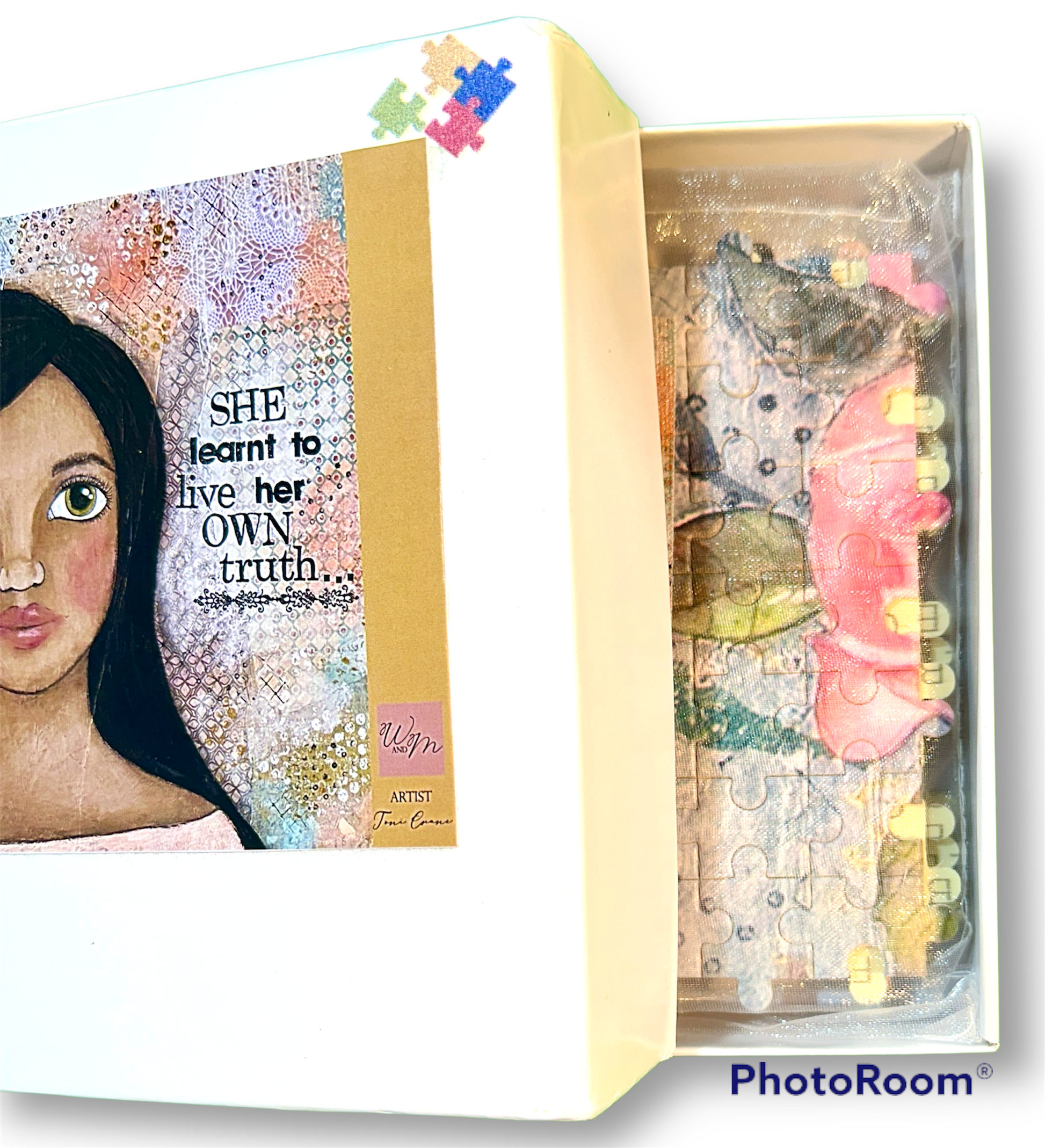 whimsy and me, multi colored, soft pink, vintage tones, island girl, mixed media, girl, brunette, framed, recycled frame, hazel eyes, whimsical girl, flowers, vintage wallpaper, learning her truth, original artwork, puzzle, fun, creative
