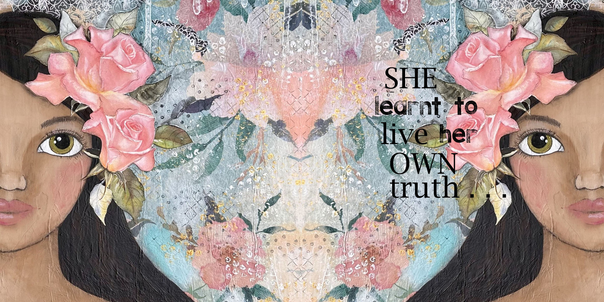 whimsy and me, multi colored, soft pink, vintage tones, island girl, mixed media, girl, brunette, framed, recycled frame, hazel eyes, whimsical girl, flowers, vintage wallpaper, learning her truth, original artwork, beach towel, soft