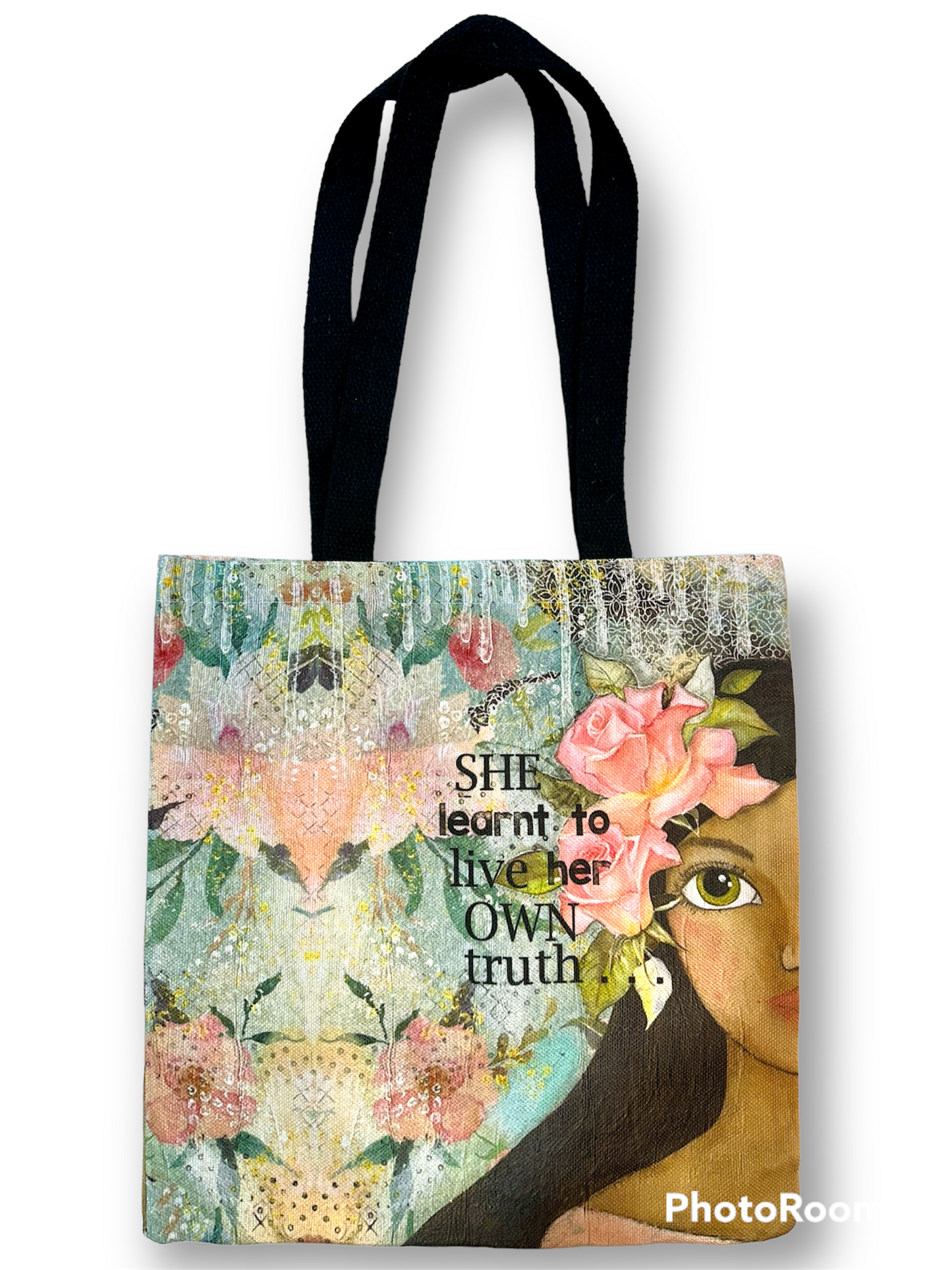 whimsy and me, multi colored, soft pink, vintage tones, island girl, mixed media, girl, brunette, framed, recycled frame, hazel eyes, whimsical girl, flowers, vintage wallpaper, learning her truth, original artwork, tote bag