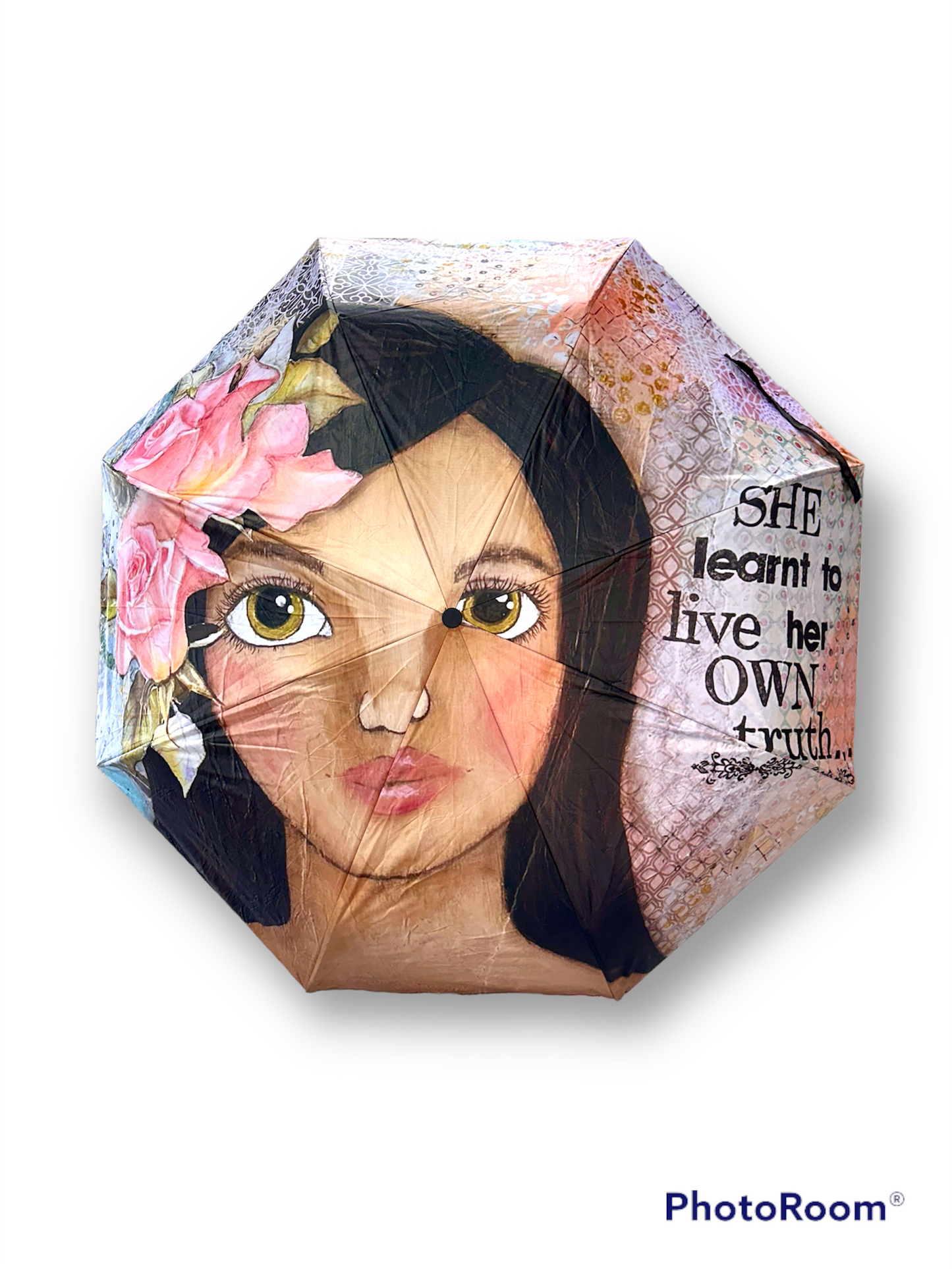 whimsy and me, multi colored, soft pink, vintage tones, island girl, mixed media, girl, brunette, framed, recycled frame, hazel eyes, whimsical girl, flowers, vintage wallpaper, learning her truth, original artwork, umbrella