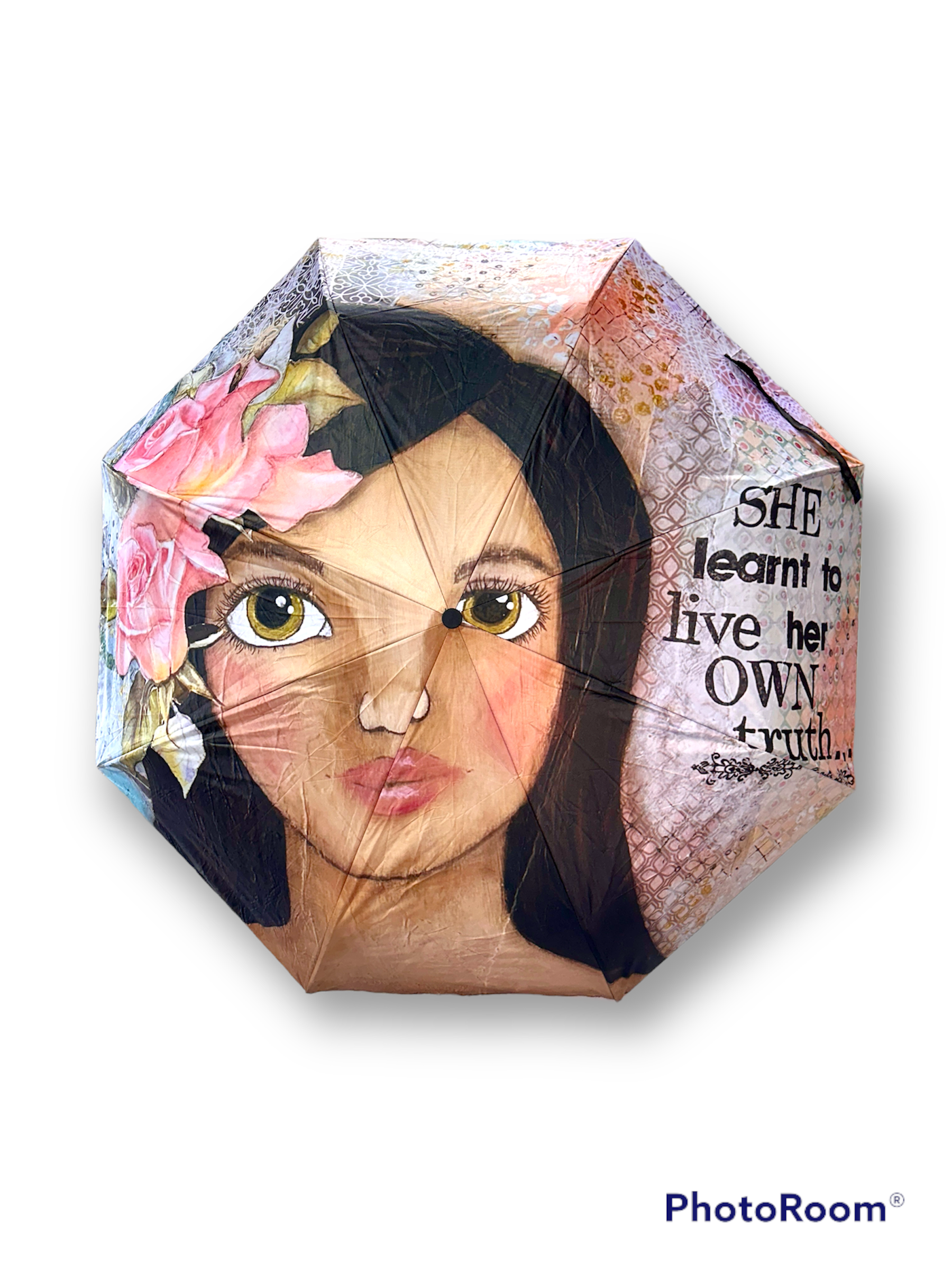 whimsy and me, multi colored, soft pink, vintage tones, island girl, mixed media, girl, brunette, framed, recycled frame, hazel eyes, whimsical girl, flowers, vintage wallpaper, learning her truth, original artwork, umbrella
