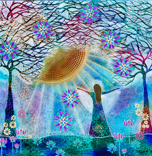 whimsy and me, whimsical girl, intuitive painting, sunshine, bold colors, lotus flowers, water, free girl, purple, turquoise, flowers, forest, trees