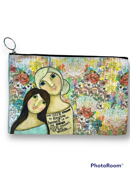 whimsy and me, multi colored, vintage tones, mother and daughter, friends, mixed media, girls, brunette girl, blonde girl, framed, recycled frame, blue eyes, green eyes, whimsical girls, flowers, choices, forgiveness, original artwork, beauty bag, zipper closure, double sided