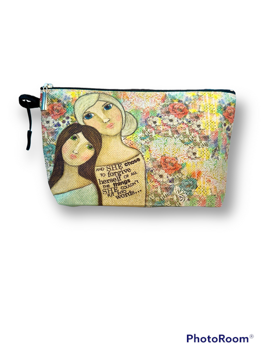 whimsy and me, multi colored, vintage tones, mother and daughter, friends, mixed media, girls, brunette girl, blonde girl, framed, recycled frame, blue eyes, green eyes, whimsical girls, flowers, choices, forgiveness, original artwork, beauty bag, zipper closure, double sided