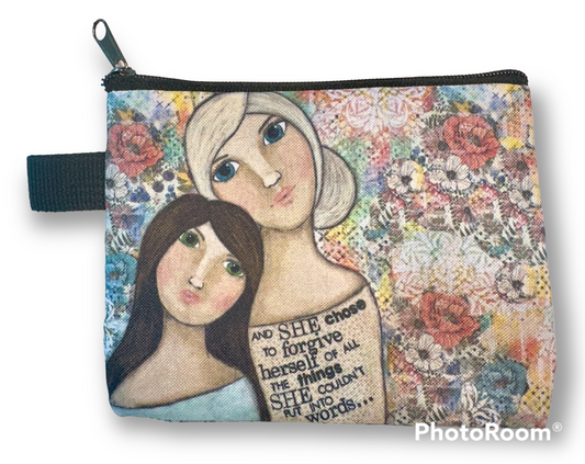 whimsy and me, multi colored, vintage tones, mother and daughter, friends, mixed media, girls, brunette girl, blonde girl, framed, recycled frame, blue eyes, green eyes, whimsical girls, flowers, choices, forgiveness, original artwork, coin purse, zipper closure