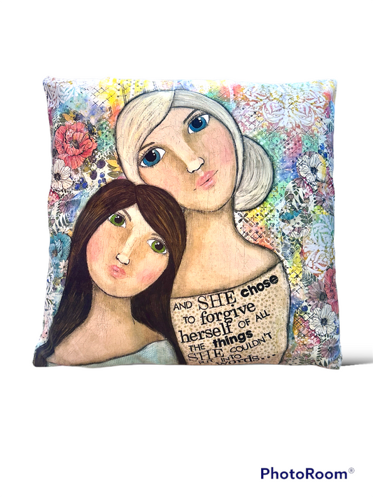 whimsy and me, multi colored, vintage tones, mother and daughter, friends, mixed media, girls, brunette girl, blonde girl, framed, recycled frame, blue eyes, green eyes, whimsical girls, flowers, choices, forgiveness, original artwork, cushion cover, zipper closure, soft, snuggly, double sided