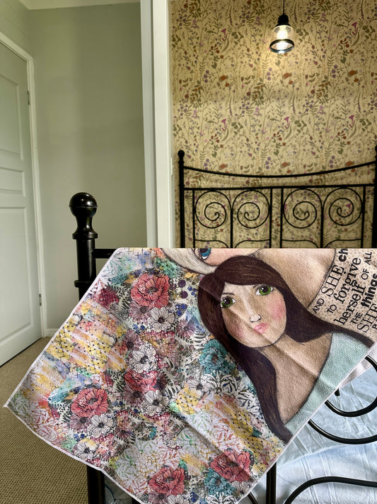 whimsy and me, multi colored, vintage tones, mother and daughter, friends, mixed media, girls, brunette girl, blonde girl, framed, recycled frame, blue eyes, green eyes, whimsical girls, flowers, choices, forgiveness, original artwork, gym towel, soft