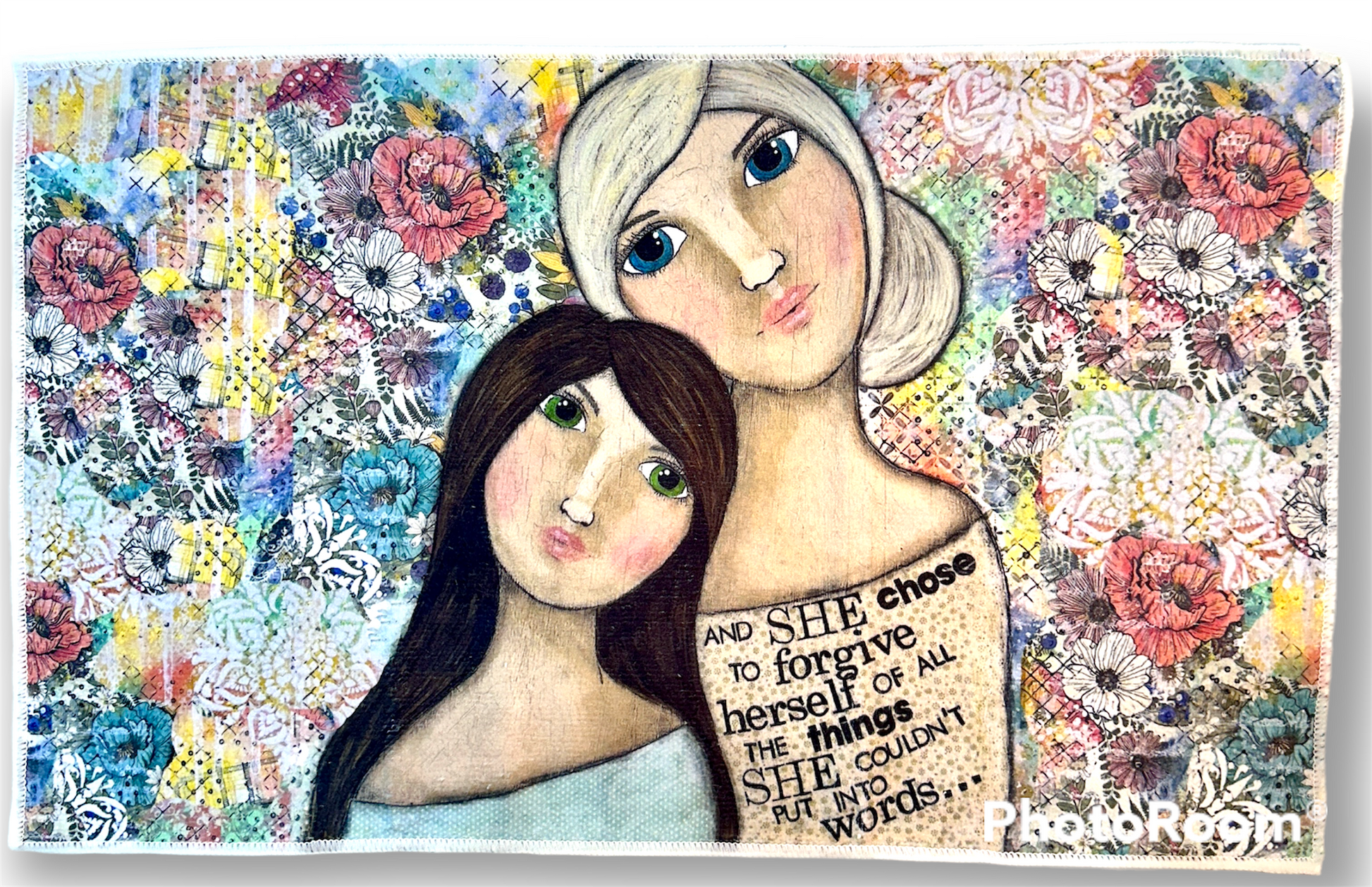 whimsy and me, multi colored, vintage tones, mother and daughter, friends, mixed media, girls, brunette girl, blonde girl, framed, recycled frame, blue eyes, green eyes, whimsical girls, flowers, choices, forgiveness, original artwork, hand towel, soft