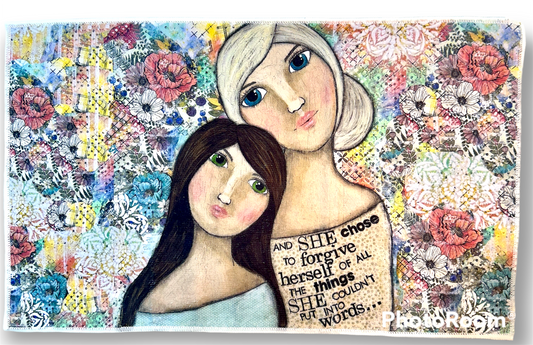 whimsy and me, multi colored, vintage tones, mother and daughter, friends, mixed media, girls, brunette girl, blonde girl, framed, recycled frame, blue eyes, green eyes, whimsical girls, flowers, choices, forgiveness, original artwork, hand towel, soft