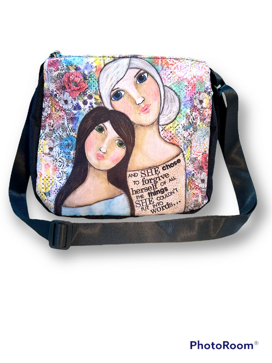 whimsy and me, multi colored, vintage tones, mother and daughter, friends, mixed media, girls, brunette girl, blonde girl, framed, recycled frame, blue eyes, green eyes, whimsical girls, flowers, choices, forgiveness, original artwork, hand bag, zipper closure