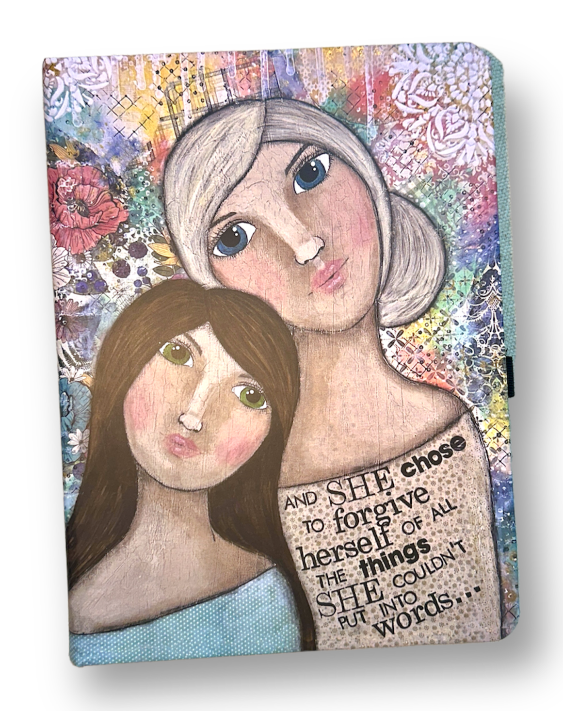 whimsy and me, multi colored, vintage tones, mother and daughter, friends, mixed media, girls, brunette girl, blonde girl, framed, recycled frame, blue eyes, green eyes, whimsical girls, flowers, choices, forgiveness, original artwork, note book, journal, art, hard cover, lined pages