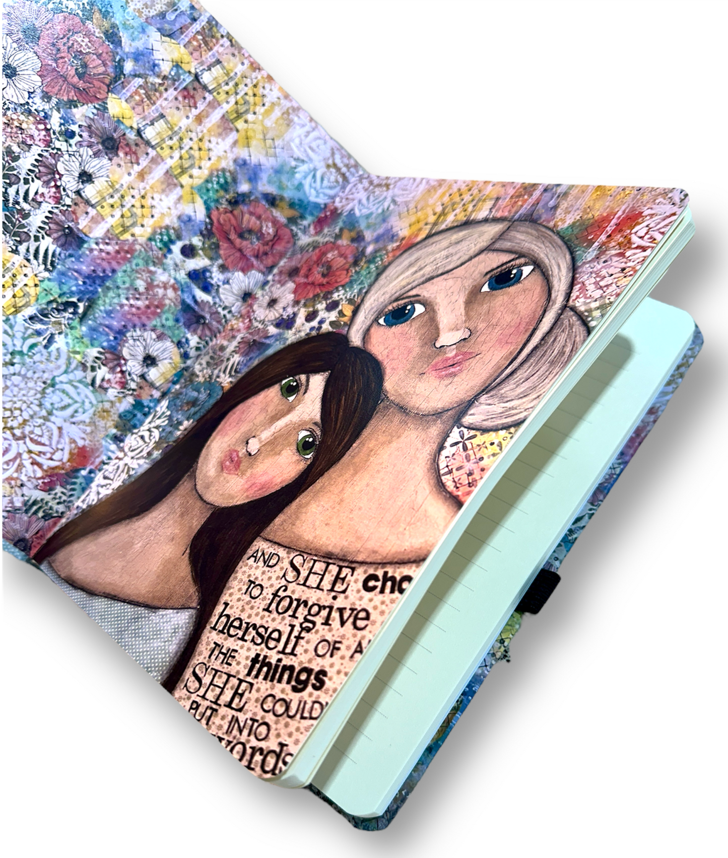 whimsy and me, multi colored, vintage tones, mother and daughter, friends, mixed media, girls, brunette girl, blonde girl, framed, recycled frame, blue eyes, green eyes, whimsical girls, flowers, choices, forgiveness, original artwork, note book, journal, art, hard cover, lined pages
