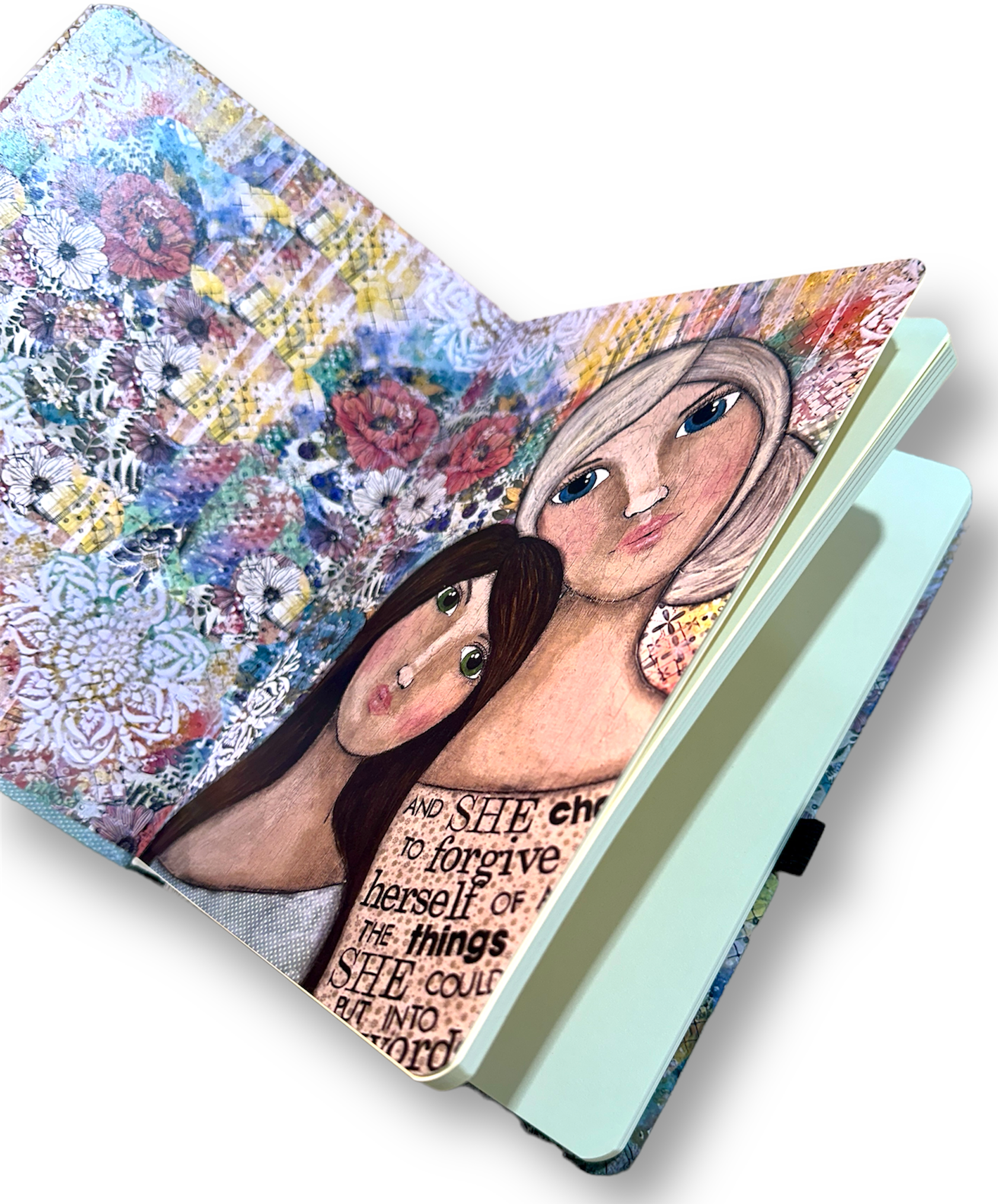 whimsy and me, multi colored, vintage tones, mother and daughter, friends, mixed media, girls, brunette girl, blonde girl, framed, recycled frame, blue eyes, green eyes, whimsical girls, flowers, choices, forgiveness, original artwork, sketch book, journal, art, hard cover
