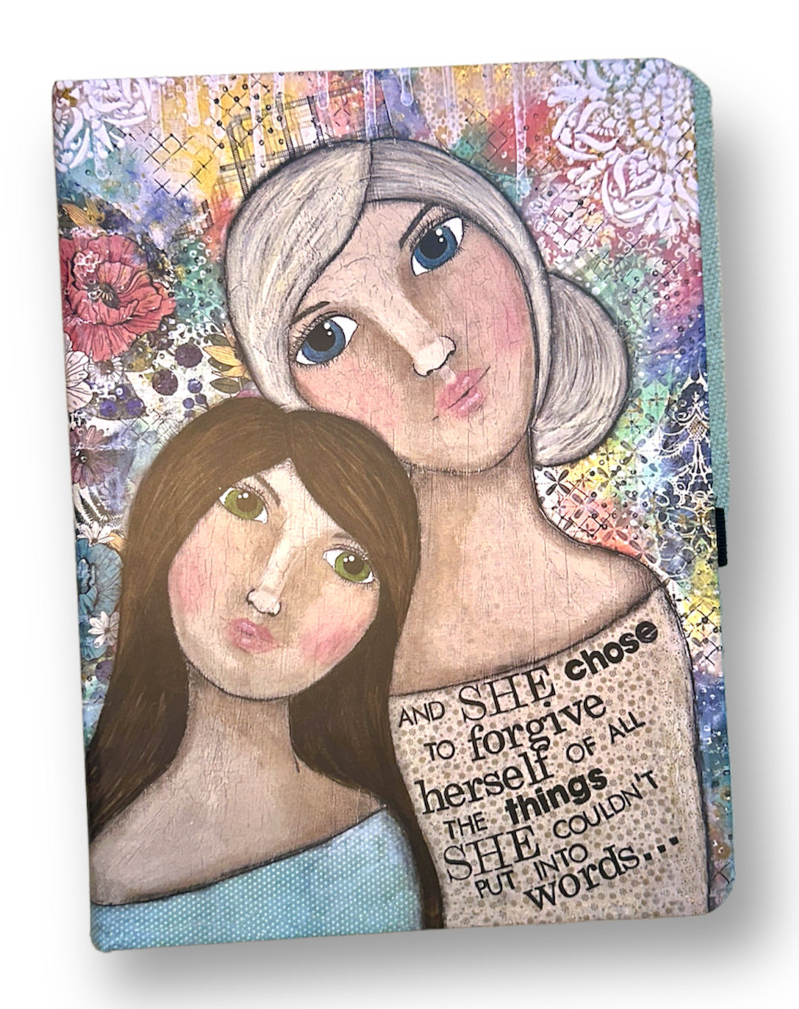 whimsy and me, multi colored, vintage tones, mother and daughter, friends, mixed media, girls, brunette girl, blonde girl, framed, recycled frame, blue eyes, green eyes, whimsical girls, flowers, choices, forgiveness, original artwork, sketch book, journal, art, hard cover