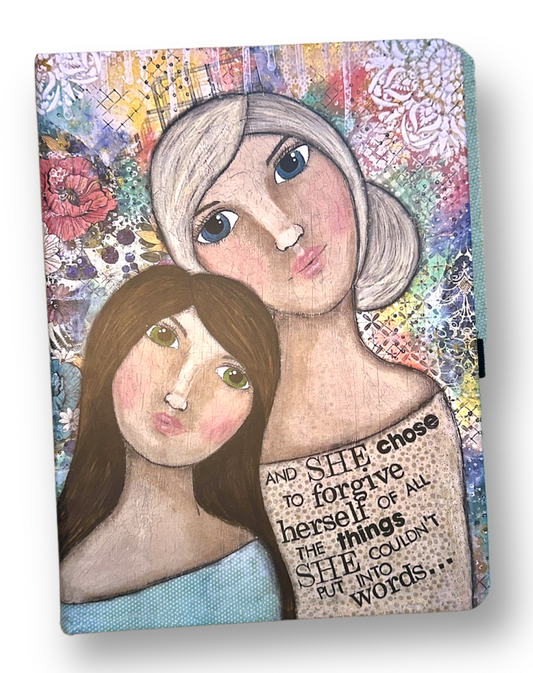 whimsy and me, multi colored, vintage tones, mother and daughter, friends, mixed media, girls, brunette girl, blonde girl, framed, recycled frame, blue eyes, green eyes, whimsical girls, flowers, choices, forgiveness, original artwork, sketch book, journal, art, hard cover