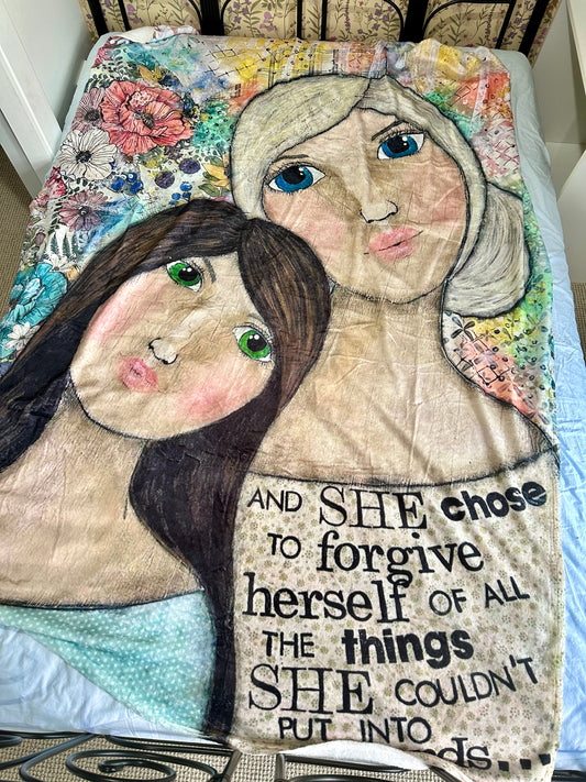 whimsy and me, multi colored, vintage tones, mother and daughter, friends, mixed media, girls, brunette girl, blonde girl, framed, recycled frame, blue eyes, green eyes, whimsical girls, flowers, choices, forgiveness, original artwork, minki blanket, soft, snuggly, queen bed