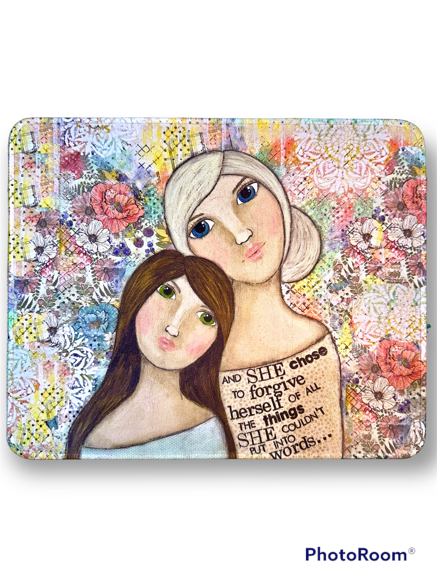 whimsy and me, multi colored, vintage tones, mother and daughter, friends, mixed media, girls, brunette girl, blonde girl, framed, recycled frame, blue eyes, green eyes, whimsical girls, flowers, choices, forgiveness, original artwork, art, mousepad, creative, fun