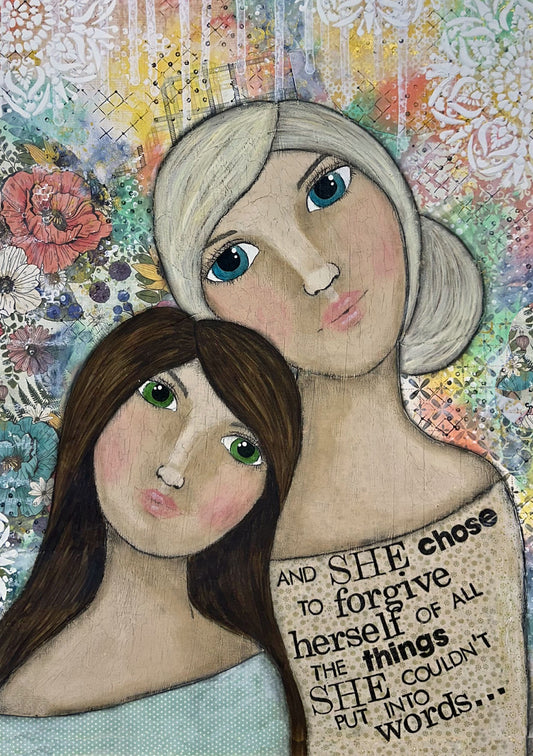 whimsy and me, multi colored, vintage tones, mother and daughter, friends, mixed media, girls, brunette girl, blonde girl, framed, recycled frame, blue eyes, green eyes, whimsical girls, flowers, choices, forgiveness, original artwork, art print