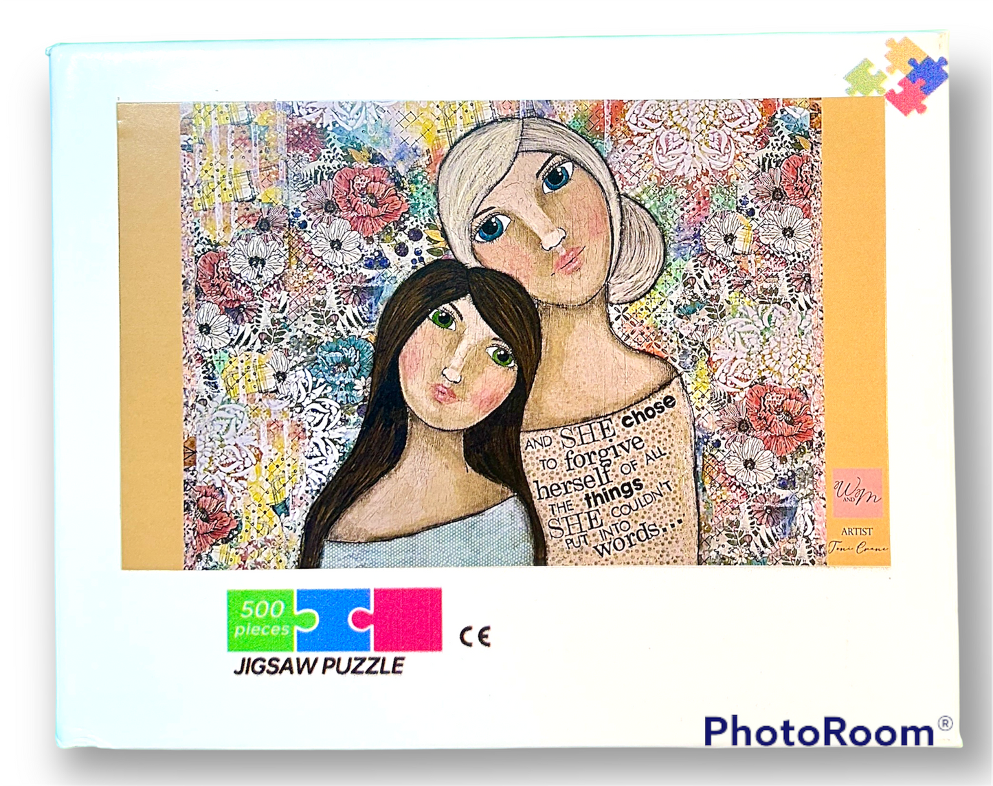 whimsy and me, multi colored, vintage tones, mother and daughter, friends, mixed media, girls, brunette girl, blonde girl, framed, recycled frame, blue eyes, green eyes, whimsical girls, flowers, choices, forgiveness, original artwork, art, puzzle, creative, fun