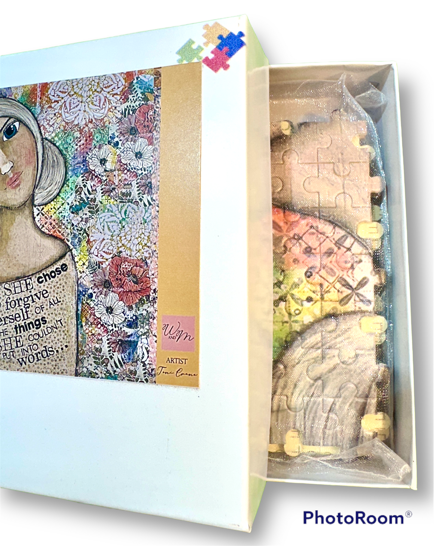 whimsy and me, multi colored, vintage tones, mother and daughter, friends, mixed media, girls, brunette girl, blonde girl, framed, recycled frame, blue eyes, green eyes, whimsical girls, flowers, choices, forgiveness, original artwork, art, puzzle, creative, fun