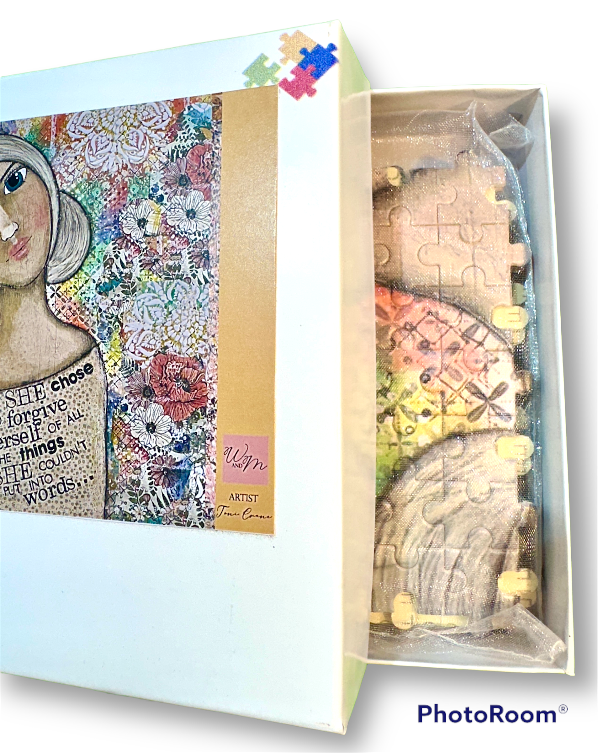 whimsy and me, multi colored, vintage tones, mother and daughter, friends, mixed media, girls, brunette girl, blonde girl, framed, recycled frame, blue eyes, green eyes, whimsical girls, flowers, choices, forgiveness, original artwork, art, puzzle, creative, fun