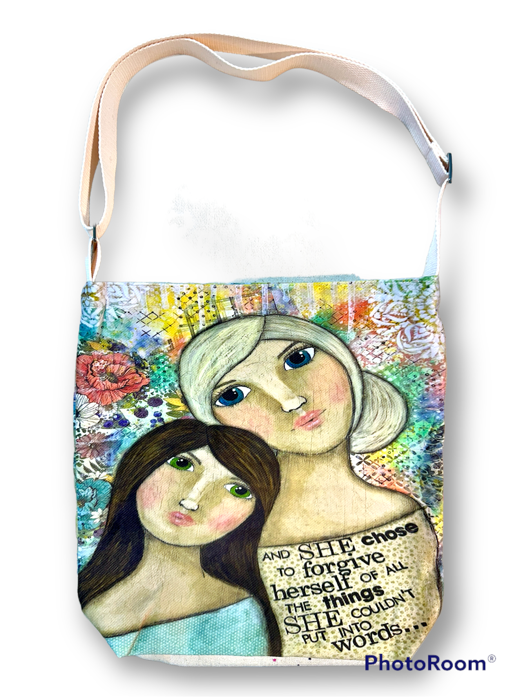 whimsy and me, multi colored, vintage tones, mother and daughter, friends, mixed media, girls, brunette girl, blonde girl, framed, recycled frame, blue eyes, green eyes, whimsical girls, flowers, choices, forgiveness, original artwork, satchel bag, zipper closure, phone pocket, double sided