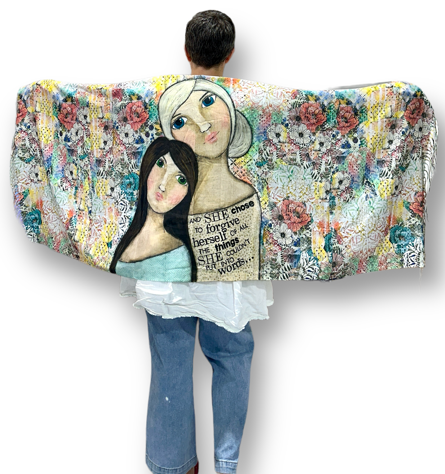 whimsy and me, multi colored, vintage tones, mother and daughter, friends, mixed media, girls, brunette girl, blonde girl, framed, recycled frame, blue eyes, green eyes, whimsical girls, flowers, choices, forgiveness, original artwork, shawl, soft, snuggly
