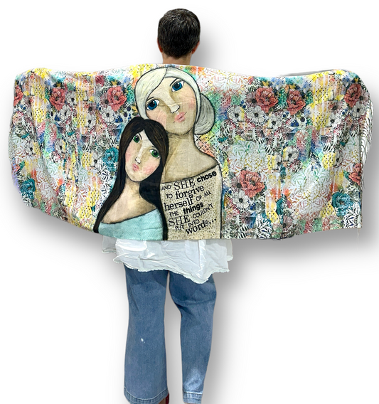 whimsy and me, multi colored, vintage tones, mother and daughter, friends, mixed media, girls, brunette girl, blonde girl, framed, recycled frame, blue eyes, green eyes, whimsical girls, flowers, choices, forgiveness, original artwork, shawl, soft, snuggly