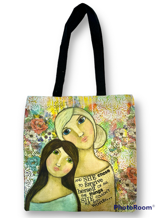 whimsy and me, multi colored, vintage tones, mother and daughter, friends, mixed media, girls, brunette girl, blonde girl, framed, recycled frame, blue eyes, green eyes, whimsical girls, flowers, choices, forgiveness, original artwork, tote bag, double sided