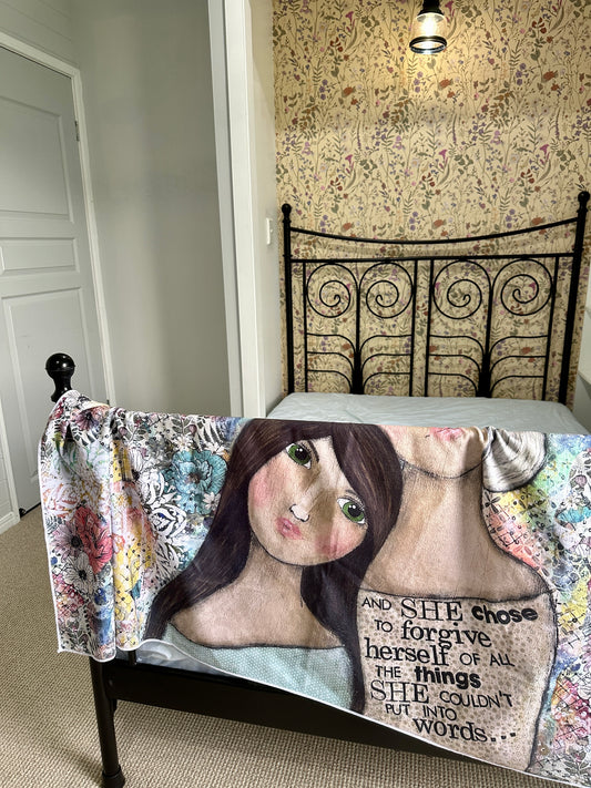 whimsy and me, multi colored, vintage tones, mother and daughter, friends, mixed media, girls, brunette girl, blonde girl, framed, recycled frame, blue eyes, green eyes, whimsical girls, flowers, choices, forgiveness, original artwork, beach towel, soft
