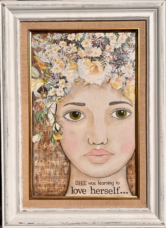 whimsy and me, multi colored, vintage tones, flower girl, mixed media, girl, framed, recycled frame, green eyes, whimsical girl, choices, forgiveness, original artwork, learning, vintage sheet music