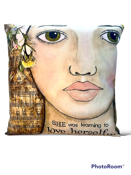whimsy and me, multi colored, vintage tones, flower girl, mixed media, girl, green eyes, whimsical girl, choices, forgiveness, original artwork, learning, vintage sheet music, cushion cover, zipper closure, soft, snuggly