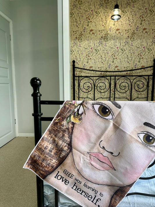 whimsy and me, multi colored, vintage tones, flower girl, mixed media, girl, green eyes, whimsical girl, choices, forgiveness, original artwork, learning, vintage sheet music, gym towel, soft