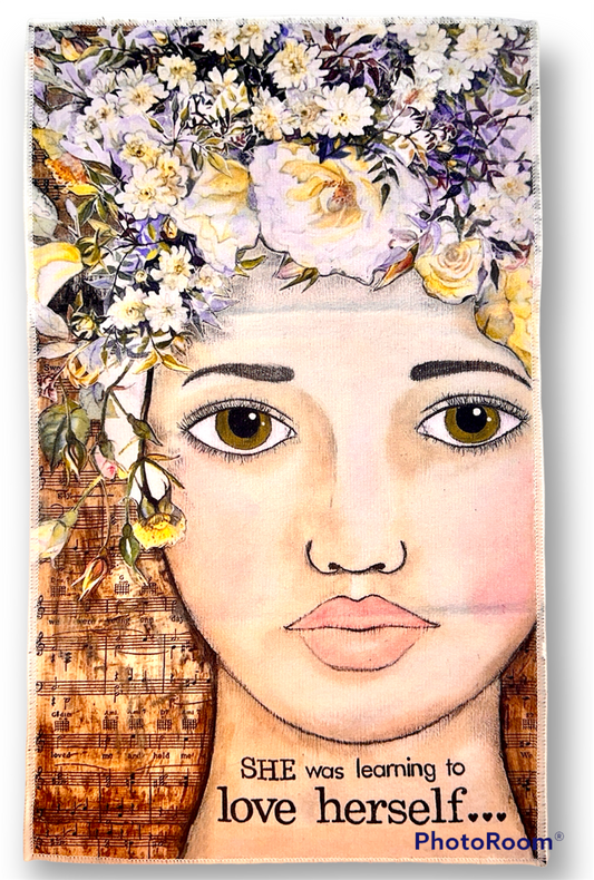 whimsy and me, multi colored, vintage tones, flower girl, mixed media, girl, green eyes, whimsical girl, choices, forgiveness, original artwork, learning, vintage sheet music, hand towel, soft