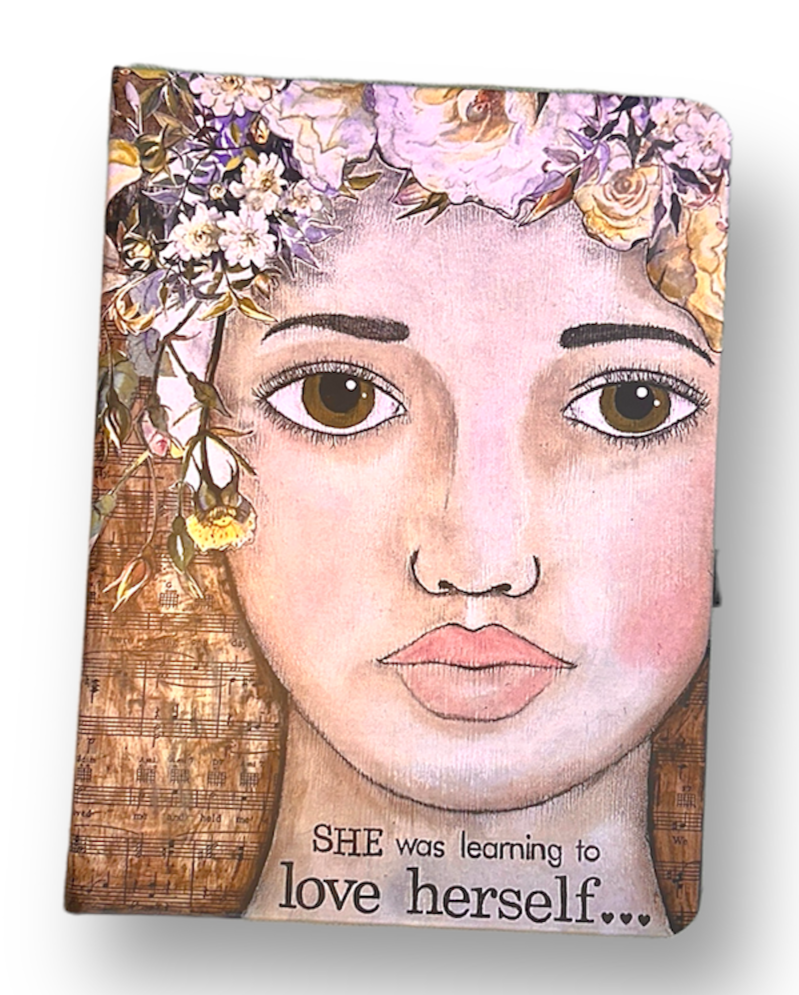 whimsy and me, multi colored, vintage tones, flower girl, mixed media, girl, green eyes, whimsical girl, choices, forgiveness, original artwork, learning, vintage sheet music, note book, journal, art, hard cover, lined pages