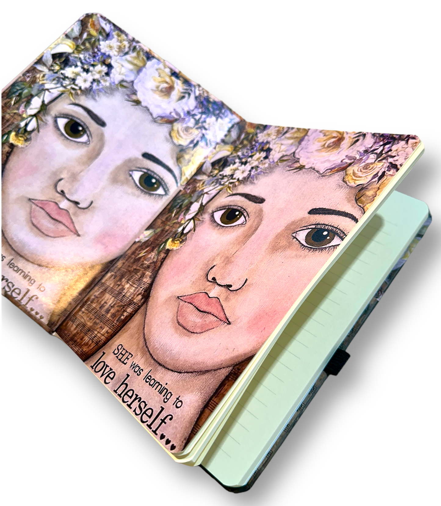 whimsy and me, multi colored, vintage tones, flower girl, mixed media, girl, green eyes, whimsical girl, choices, forgiveness, original artwork, learning, vintage sheet music, note book, journal, art, hard cover, lined pages