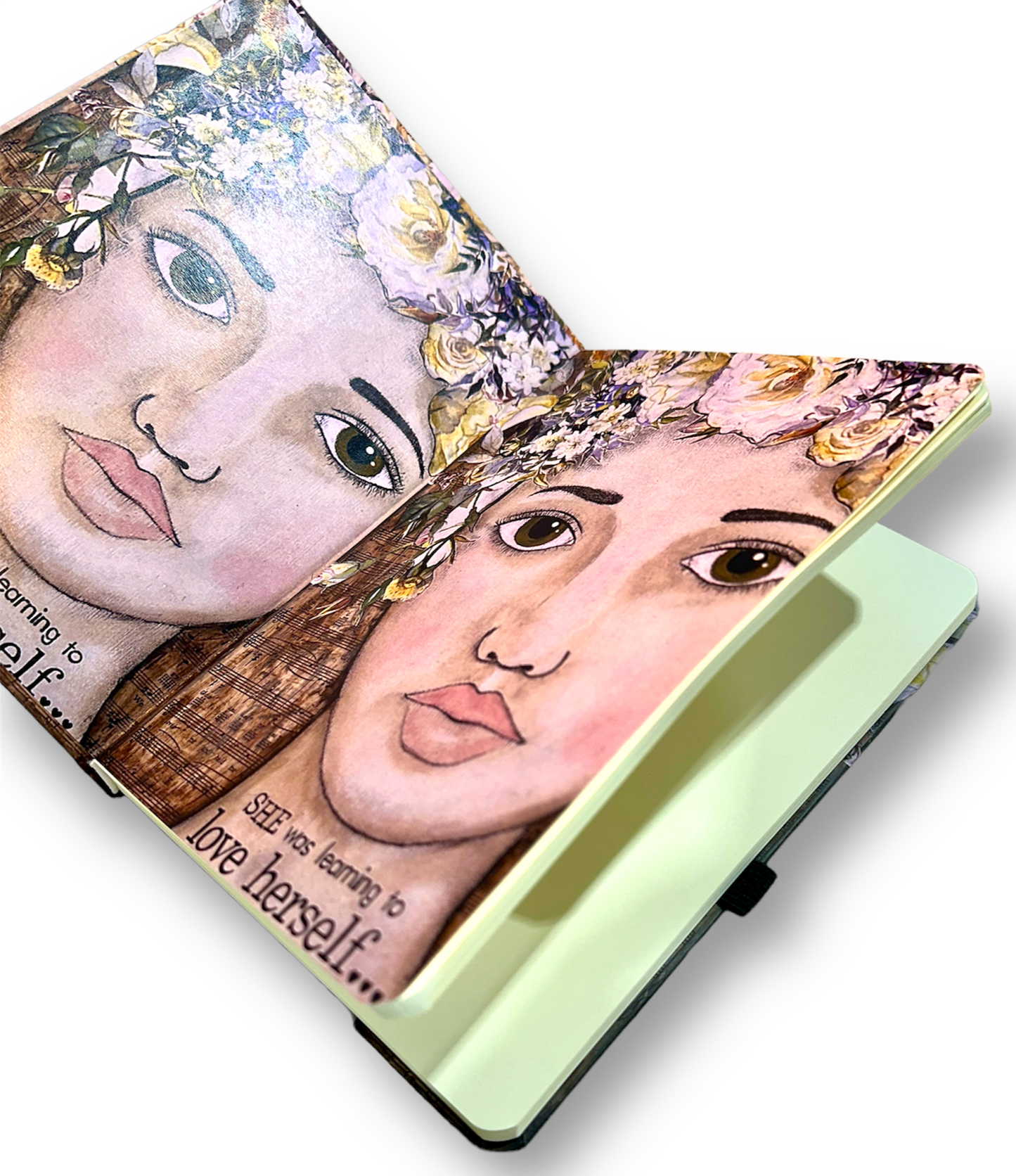 whimsy and me, multi colored, vintage tones, flower girl, mixed media, girl, green eyes, whimsical girl, choices, forgiveness, original artwork, learning, vintage sheet music, sketch book, journal, art, hard cover