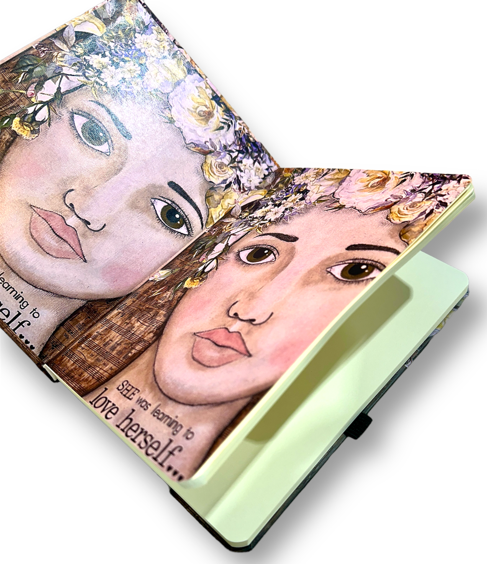 whimsy and me, multi colored, vintage tones, flower girl, mixed media, girl, green eyes, whimsical girl, choices, forgiveness, original artwork, learning, vintage sheet music, sketch book, journal, art, hard cover