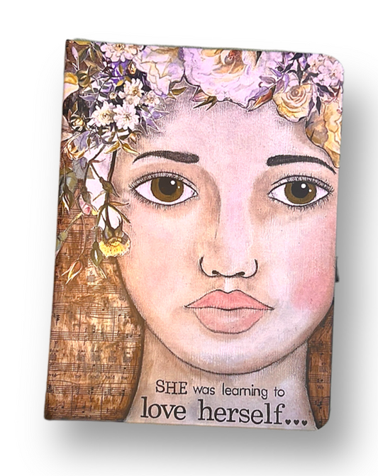 whimsy and me, multi colored, vintage tones, flower girl, mixed media, girl, green eyes, whimsical girl, choices, forgiveness, original artwork, learning, vintage sheet music, sketch book, journal, art, hard cover