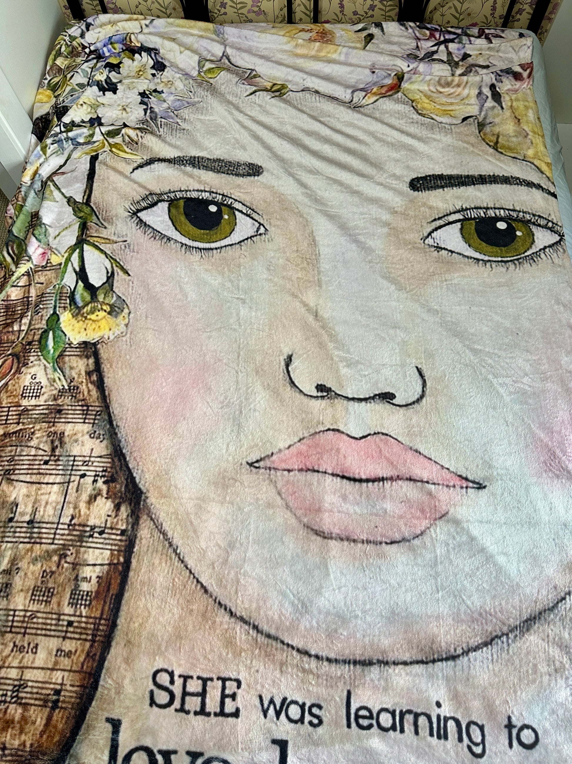whimsy and me, multi colored, vintage tones, flower girl, mixed media, girl, green eyes, whimsical girl, choices, forgiveness, original artwork, learning, vintage sheet music, minki blanket, soft, snuggly, cosy, queen bed