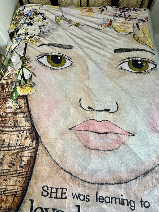 whimsy and me, multi colored, vintage tones, flower girl, mixed media, girl, green eyes, whimsical girl, choices, forgiveness, original artwork, learning, vintage sheet music, minki blanket, soft, snuggly, cosy, queen bed