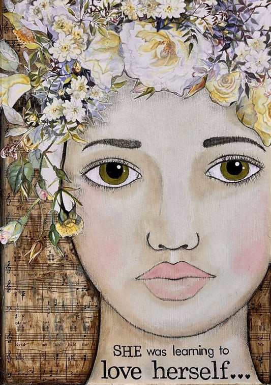whimsy and me, multi colored, vintage tones, flower girl, mixed media, girl, green eyes, whimsical girl, choices, forgiveness, original artwork, learning, vintage sheet music, art print