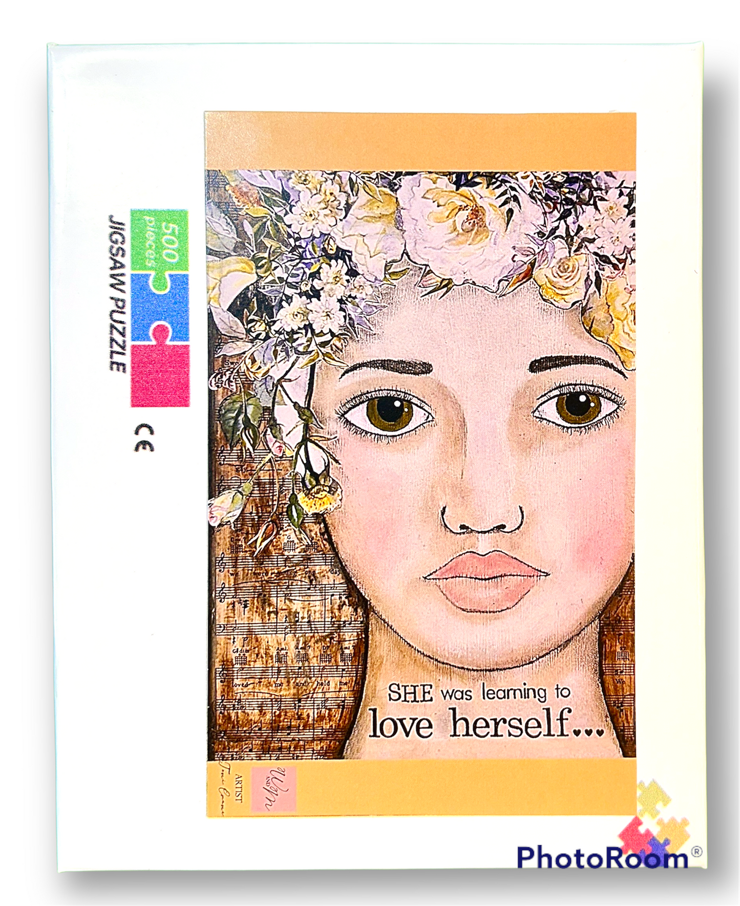 whimsy and me, multi colored, vintage tones, flower girl, mixed media, girl, green eyes, whimsical girl, choices, forgiveness, original artwork, learning, vintage sheet music, puzzle, fun, creative