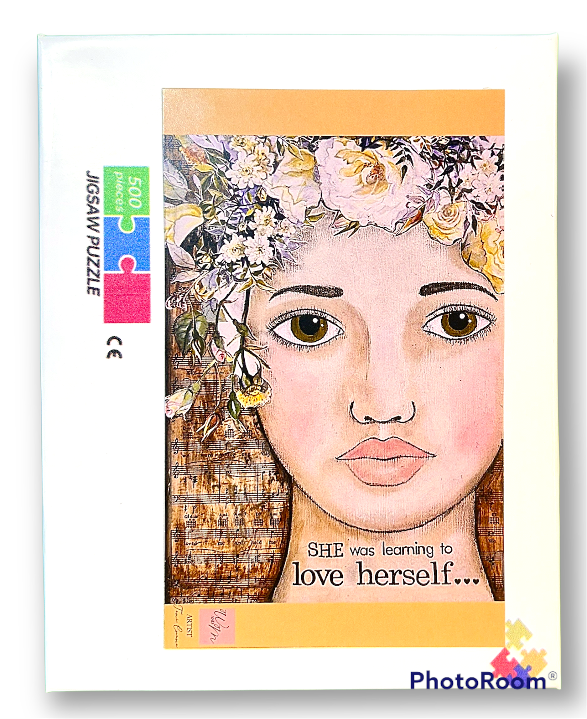 whimsy and me, multi colored, vintage tones, flower girl, mixed media, girl, green eyes, whimsical girl, choices, forgiveness, original artwork, learning, vintage sheet music, puzzle, fun, creative