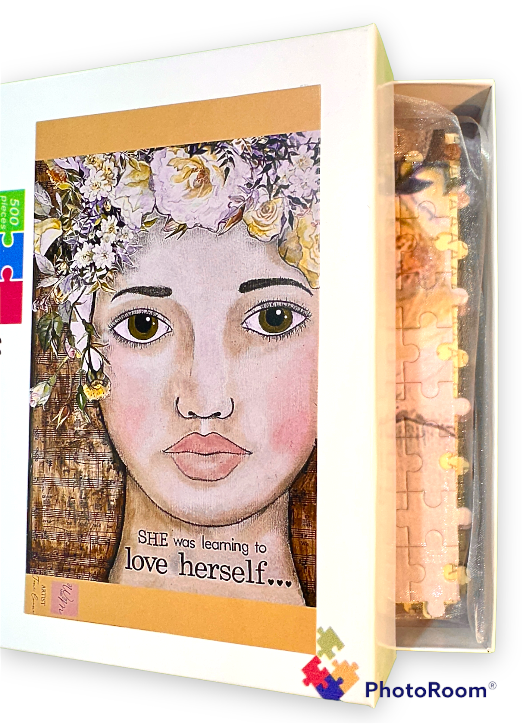 whimsy and me, multi colored, vintage tones, flower girl, mixed media, girl, green eyes, whimsical girl, choices, forgiveness, original artwork, learning, vintage sheet music, puzzle, fun, creative