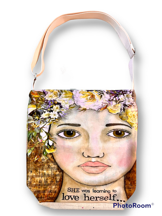 whimsy and me, multi colored, vintage tones, flower girl, mixed media, girl, green eyes, whimsical girl, choices, forgiveness, original artwork, learning, vintage sheet music, satchel bag, zipper closure, phone pocket, adjustable strap