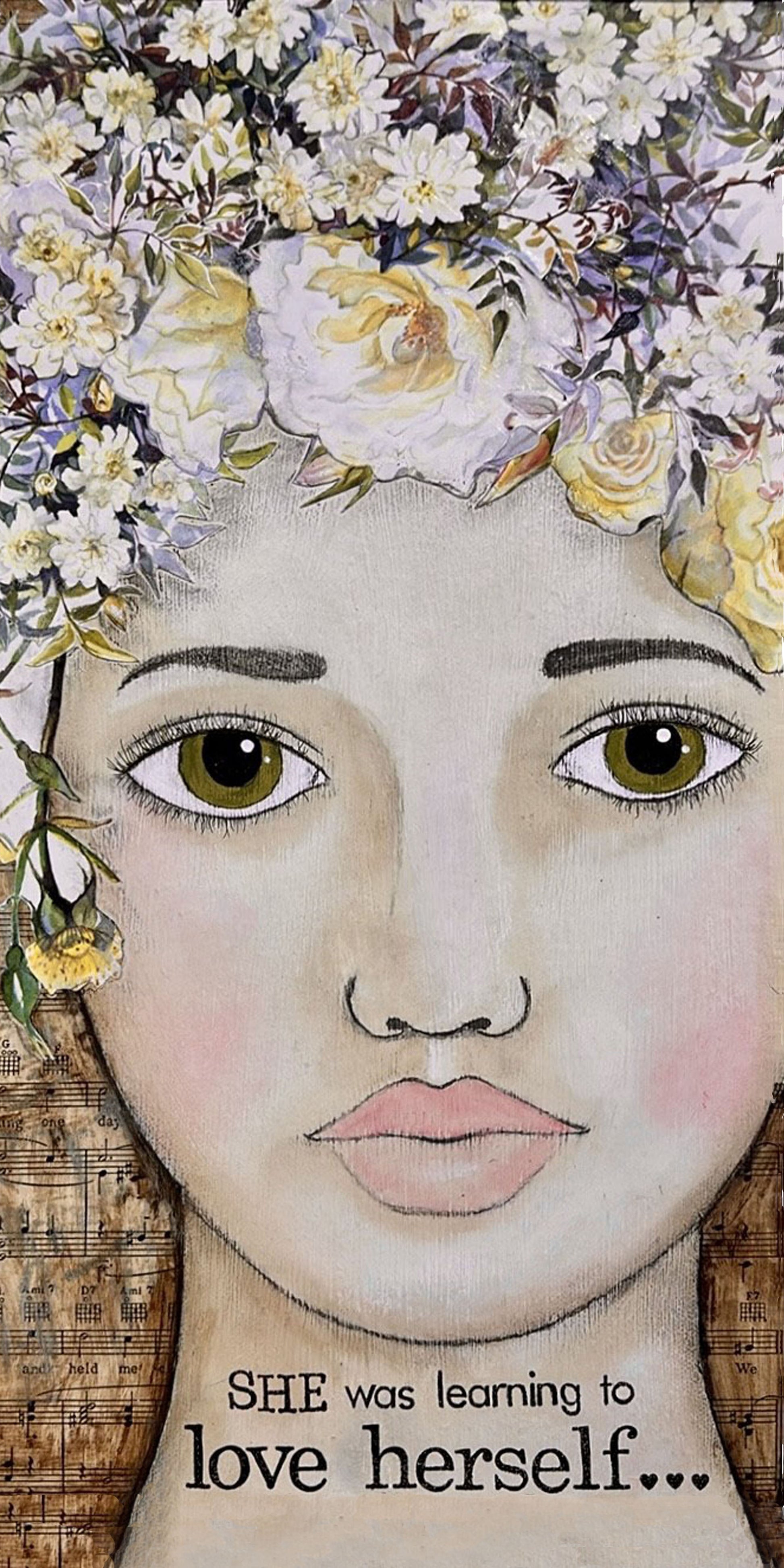 whimsy and me, multi colored, vintage tones, flower girl, mixed media, girl, green eyes, whimsical girl, choices, forgiveness, original artwork, learning, vintage sheet music, beach towel, soft
