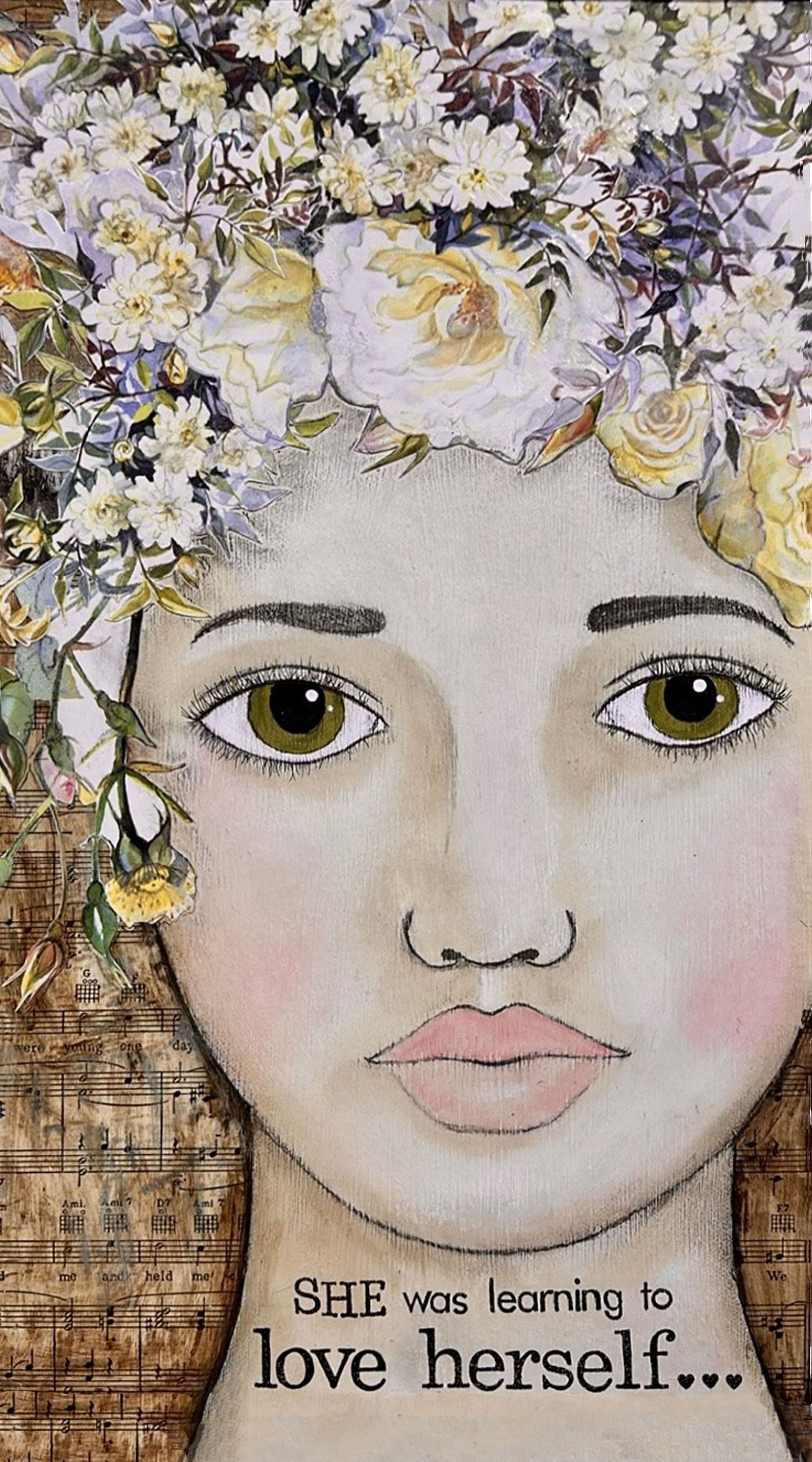 whimsy and me, multi colored, vintage tones, flower girl, mixed media, girl, green eyes, whimsical girl, choices, forgiveness, original artwork, learning, vintage sheet music, gym towel, soft