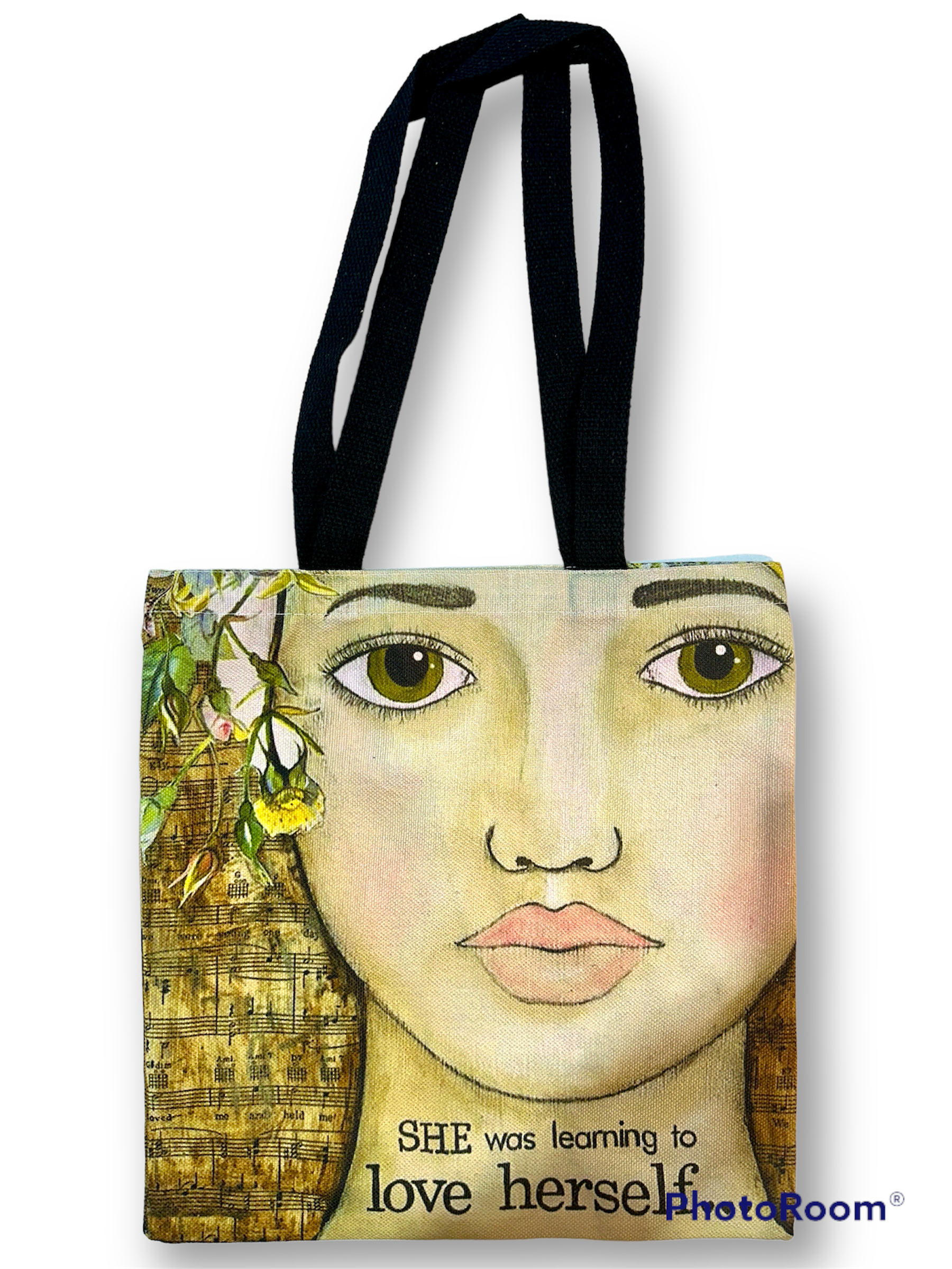 whimsy and me, multi colored, vintage tones, flower girl, mixed media, girl, green eyes, whimsical girl, choices, forgiveness, original artwork, learning, vintage sheet music, tote bag